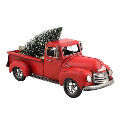 15" Distressed Red Iron Pickup Truck with Christmas Tree - Small