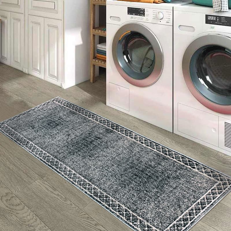 SussexHome Washable Ultra Thin Laundry Room Rug Runner - 20" x 59" - Bordered Dark Gray