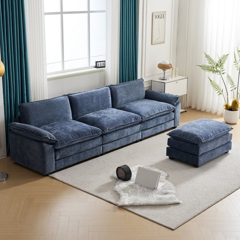 Double Layer Cushion Cloud Couch, Moludar Sofa With Reversible Ottoman For Living Room