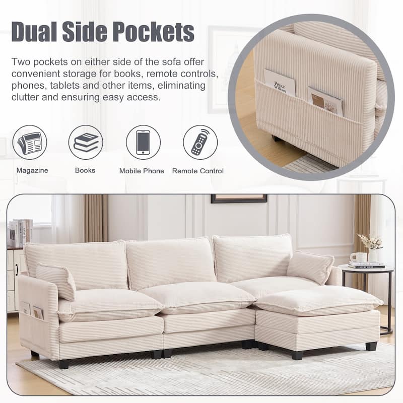 102.95" L-Shaped Corduroy Sectional Sofa with Movable Ottoman