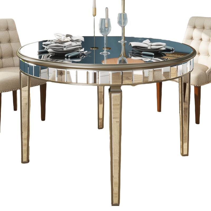 47" Round Mirror Top Table with Gold Geometric Base, Seats 4-6