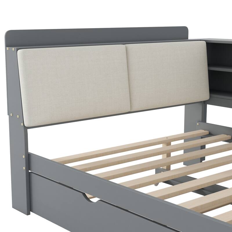 Full Size Platform Bed with Trundle, Storage Headboard, and Shelves in Gray