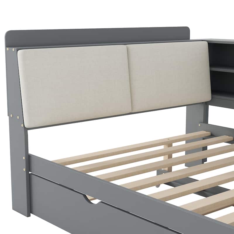 Wood Full Size Platform Bed, Storage Daybed Frame with Trundle, Shelves & Storage Upholstered Headboard, L Shaped Full Floor-Bed