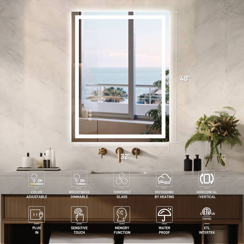 Durx-litecrete Rectangular Frameless Wall Mount 3 Colors Dimmable Anti-fog LED Bathroom Vanity Mirror