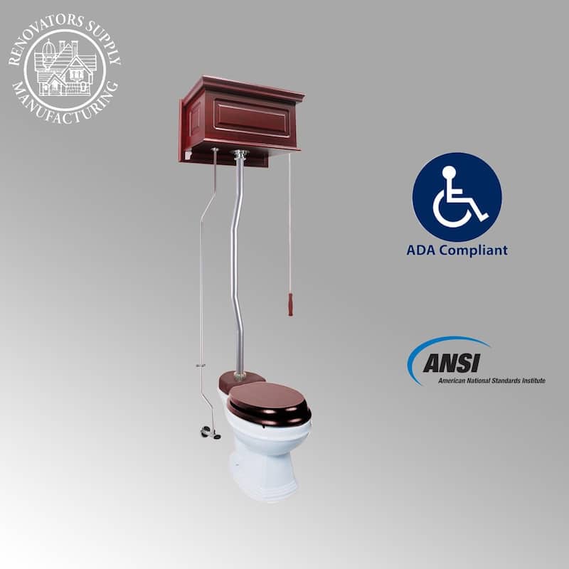 Cherry Wooden High Tank Toilet Raised Tank, Satin Plated Z Pipe and Elongated White Bowl