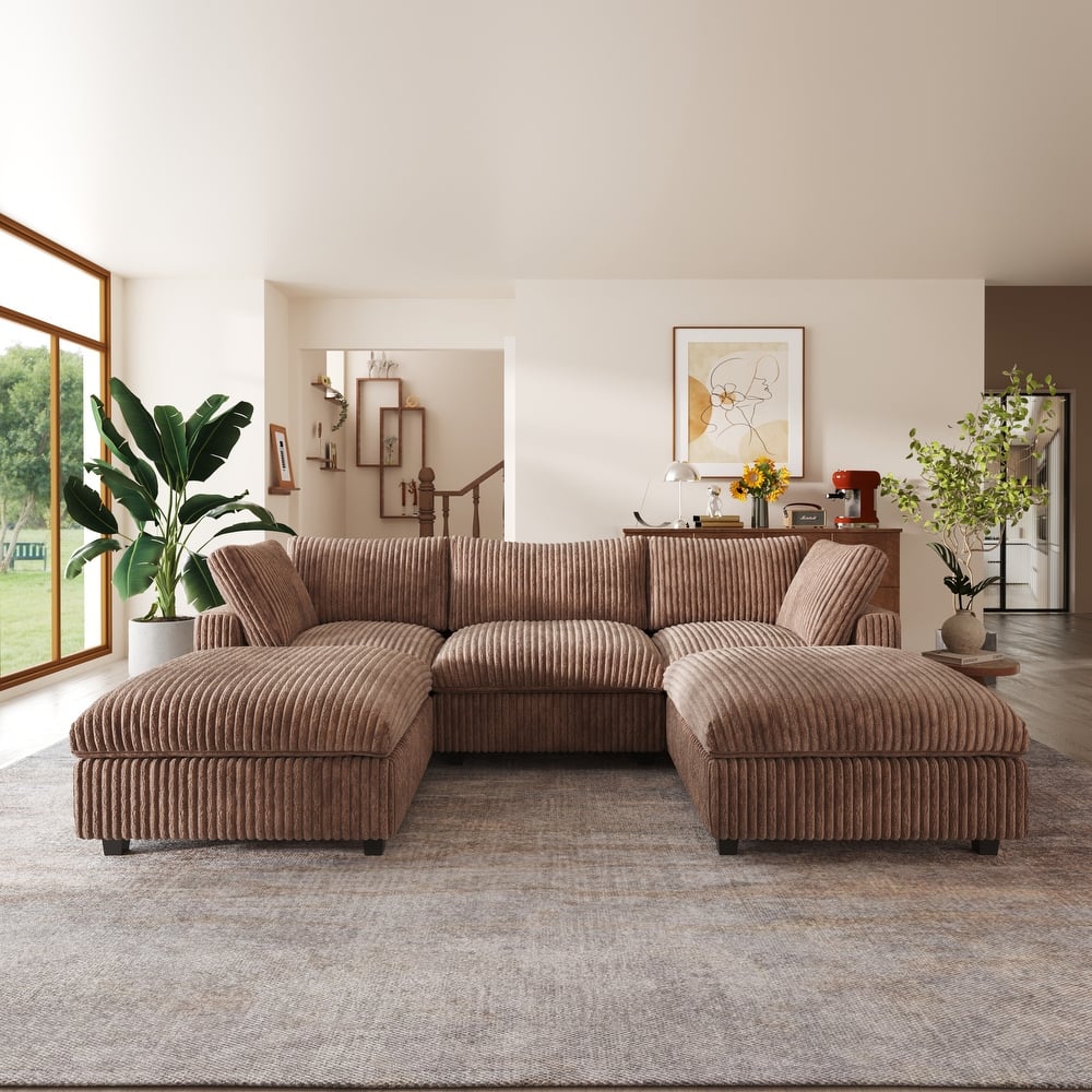 118'' U-shape Plush Fabric Upholstered Sectional Sofa 3 Seats with 2 Ottoman Modular Couch