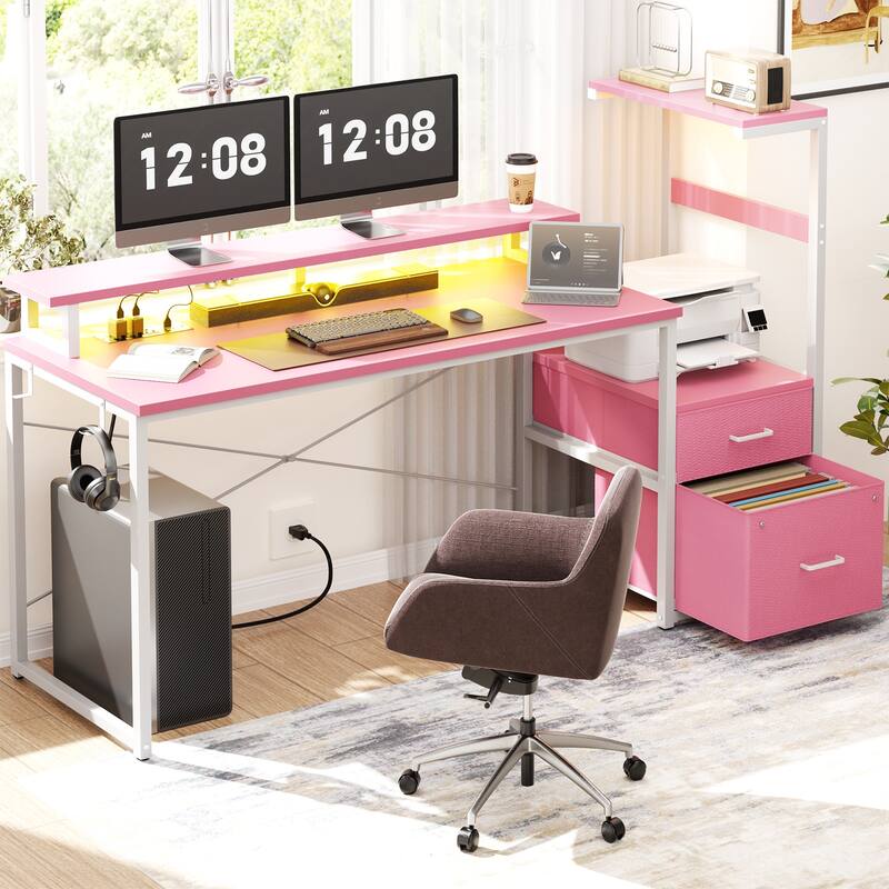 60'' Reversible Gaming Desk with Monitor Stand & Fabric Drawers，Home Office Computer Desk with RGB LED Strip & Power Outlets - Pink