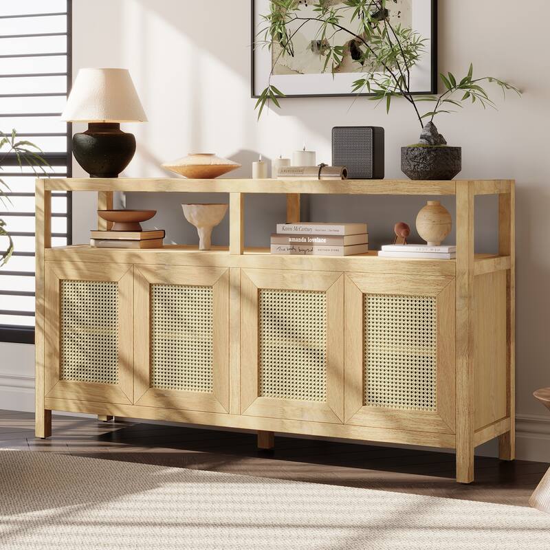 Rattan 4 Door Sideboard Cabinet, Large Wood Storage Cabinet, Console Table with Adjustable Shelves for Living & Dining Rooms - Natural