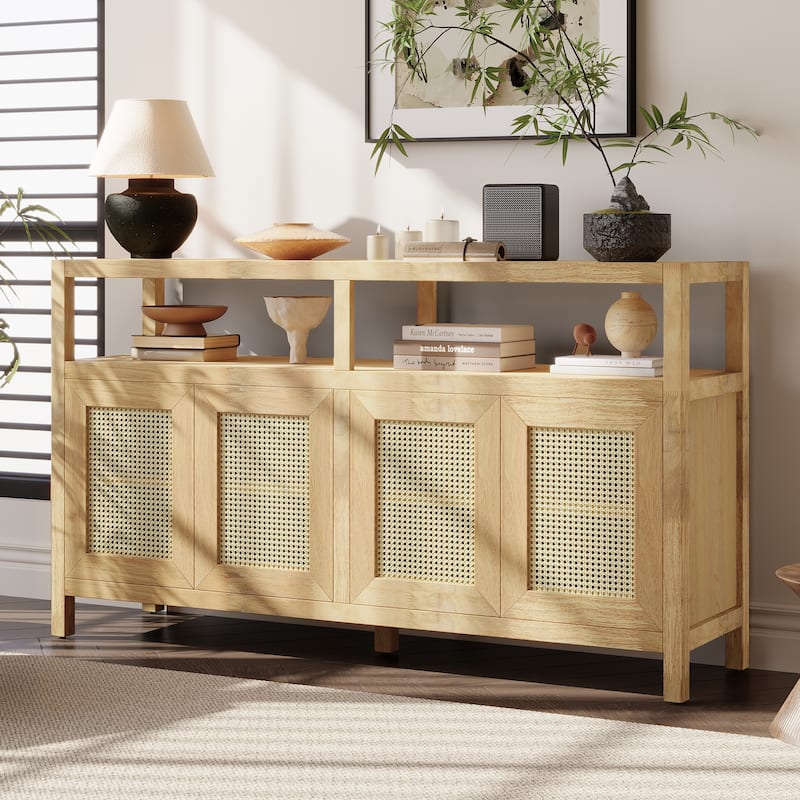 Rattan Buffet Storage Cabinet, Solid Wood Sideboard with 3-position Adjustable Shelves, No-Handle Push-to-Open Design - Natural