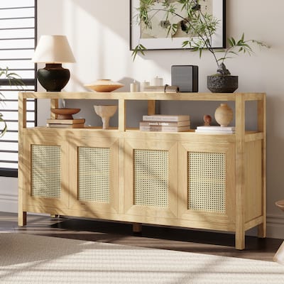 Rattan Buffet Storage Cabinet, Solid Wood Sideboard with 3-position Adjustable Shelves, No-Handle Push-to-Open Design