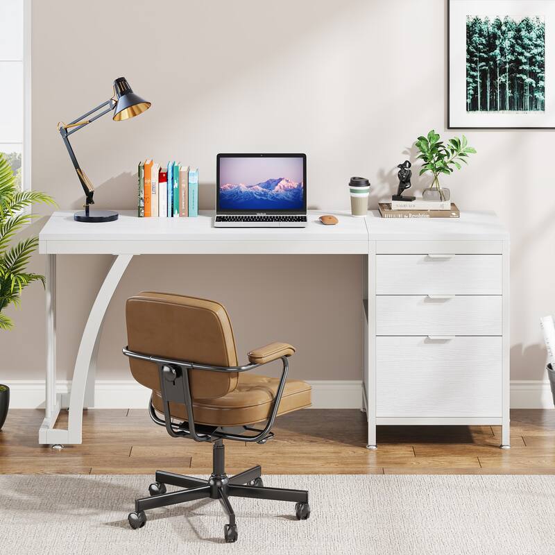 59 inch Reversible Computer Desk with 3 Drawer Cabinet, Industrial Study Writing Table Workstation for Home Office Bedroom