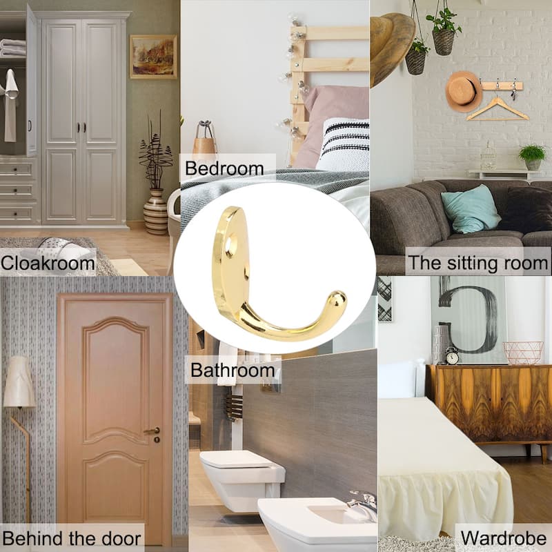 8pcs Wall Hooks Zinc Alloy Hook Coat Bag Wall Hanger w Screws - Gold Tone - 1.8"x1"x1.7"(L*W*H)