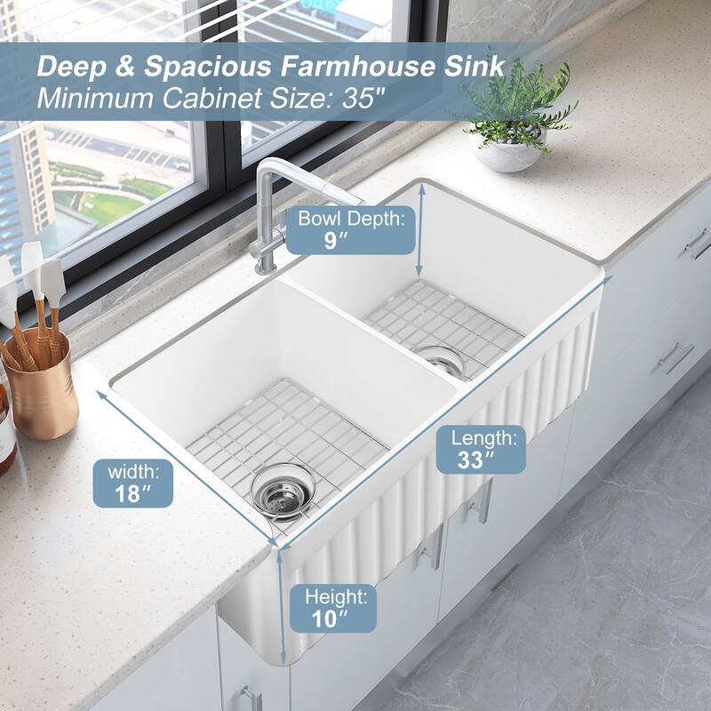 HOROW 33 in. Farmhouse/Apron-Front 50/50 Double Bowl White Fireclay Kitchen Sink with Bottom Grid and Strainer