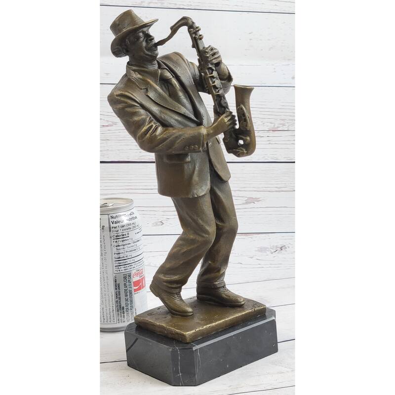 Hot Cast Saxophone Player Bronze Sculpture Marble Base Figurine Figure Home Deco