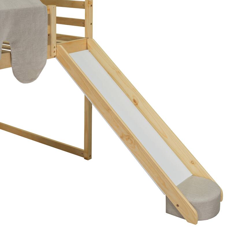 Full Size Loft Bed with Slide, Tent, and Storage Shelves - House Frame Kids Bed with Ladder and Car-Shaped Organizer