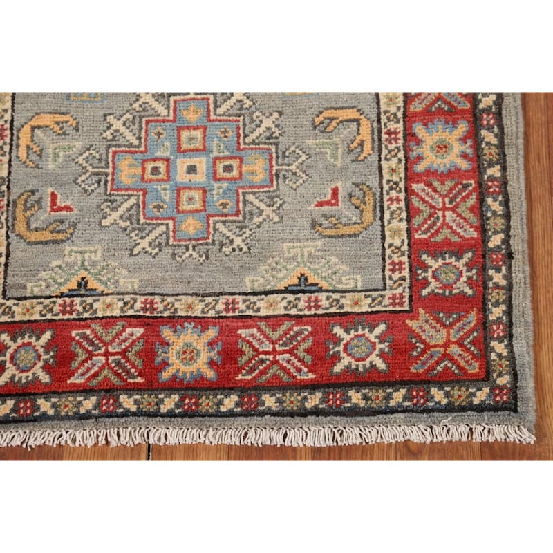 Geometric Kazak Oriental Runner Rug Hand-Knotted Grey Wool Carpet - 2'3" x 5'11"