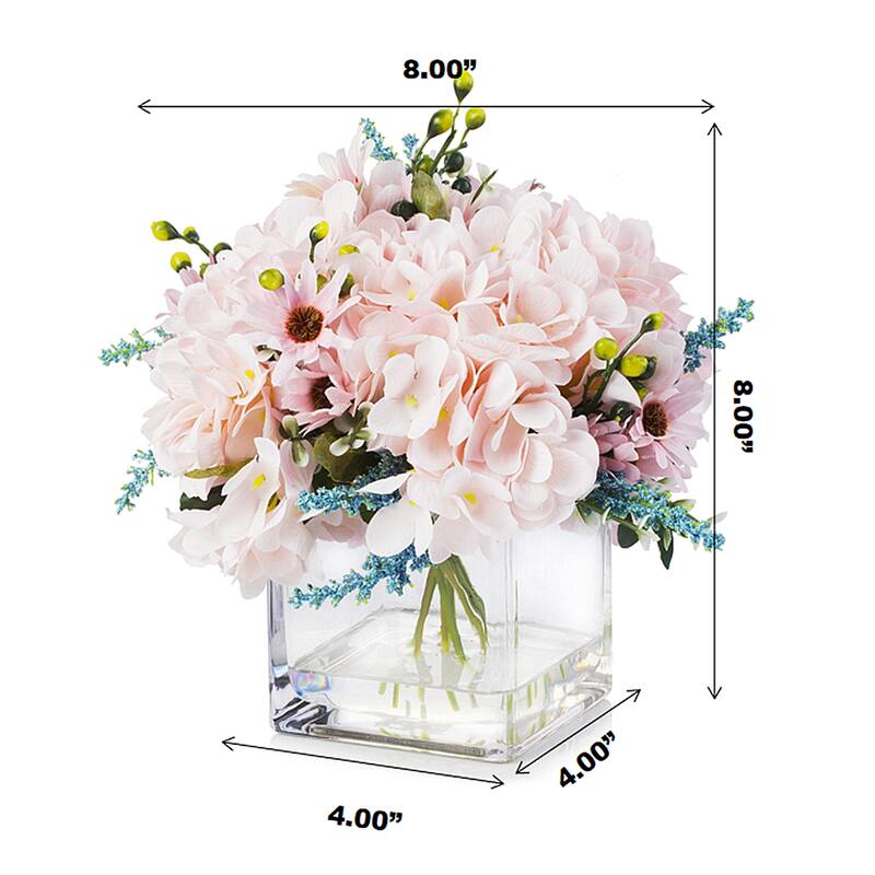 Enova Home Mixed Artificial Silk Hydrangea Faux Flowers Arrangement in Cube Glass Vase with Faux Water Home Wedding Decoration