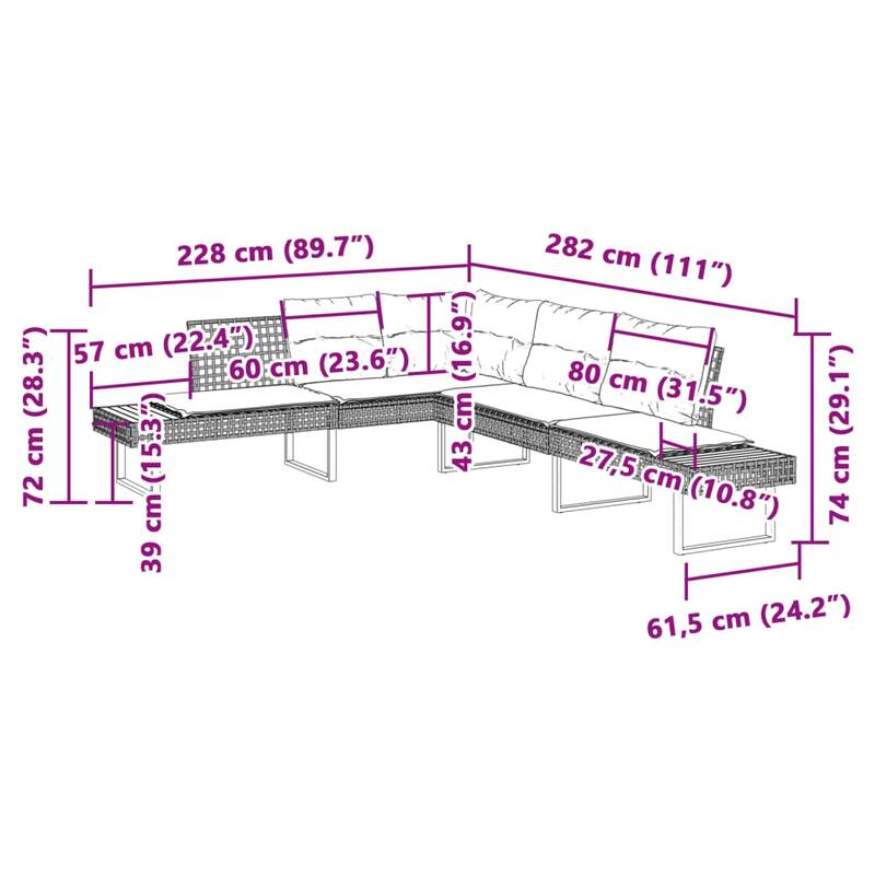 vidaXL 2 Piece Patio Sofa Set with Cushions Outdoor Poly Rattan and Acacia - 111.0 x 89.8 x 29.1