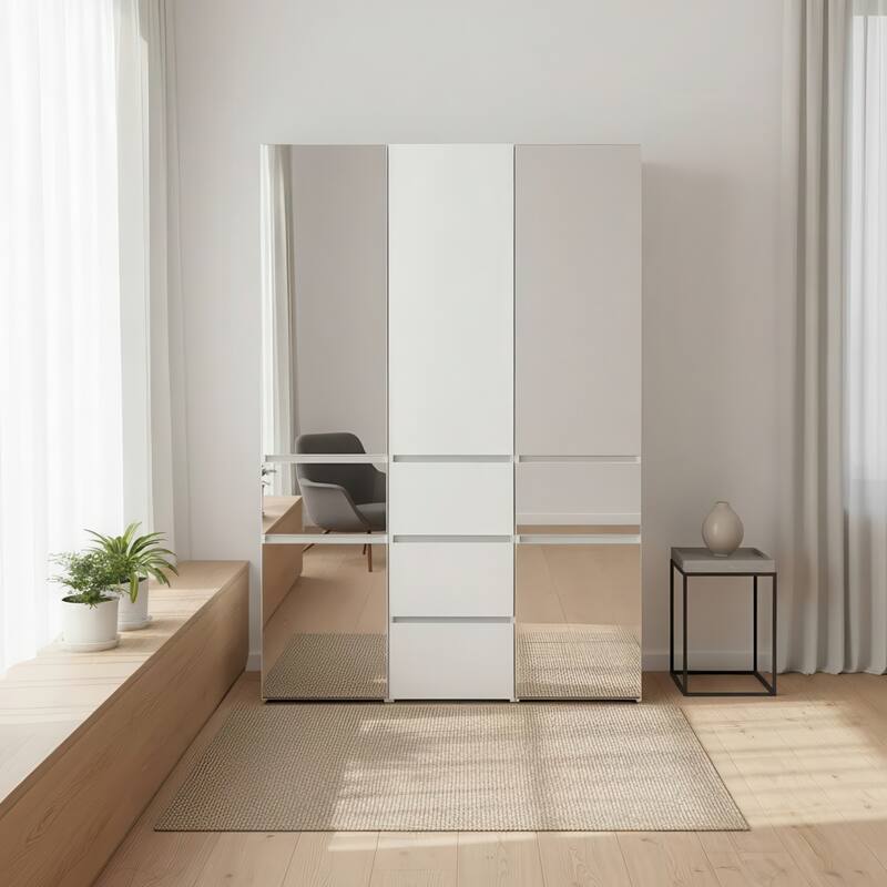 Elise Modular Wood Closet System with Mirror in White - 47.1"D x 17.72"W x 70.9"H