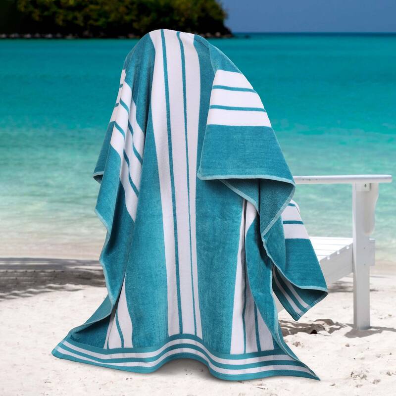 Superior Striped Large Oversized Cotton Beach Towel - Set of 2 - Turquoise
