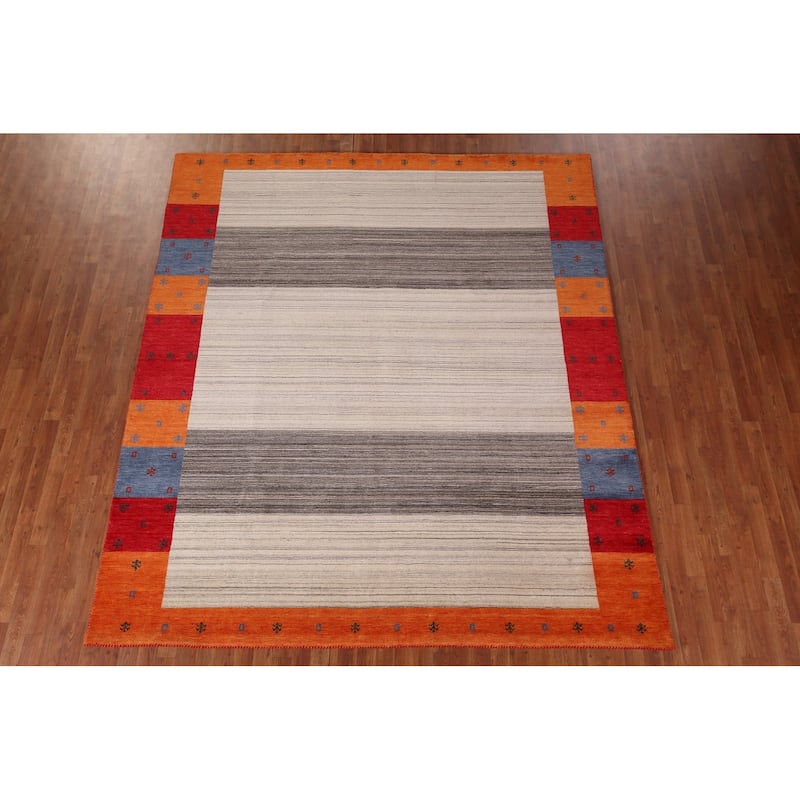 Striped Gabbeh Indian Area Rug Hand-Knotted Tribal Wool Carpet - 8'5"x 9'9"