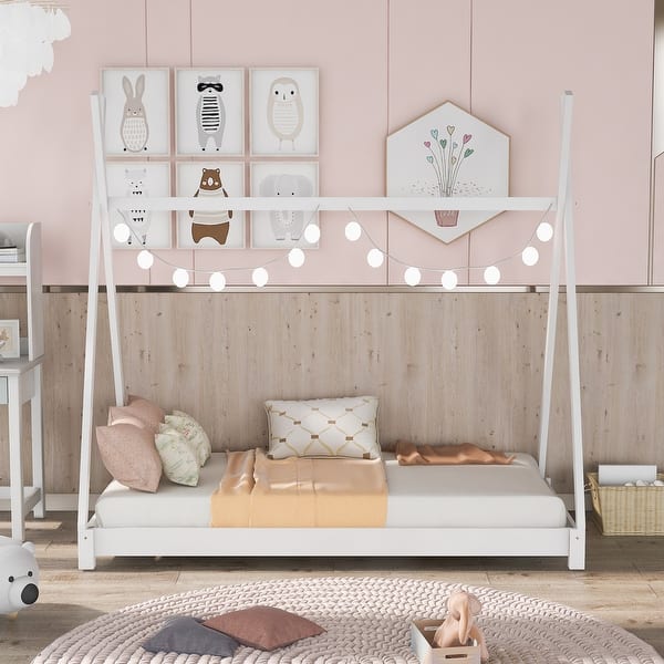 slide 2 of 20, Twin Size House Platform Bed with Triangle Structure and Safety Railings White - Twin