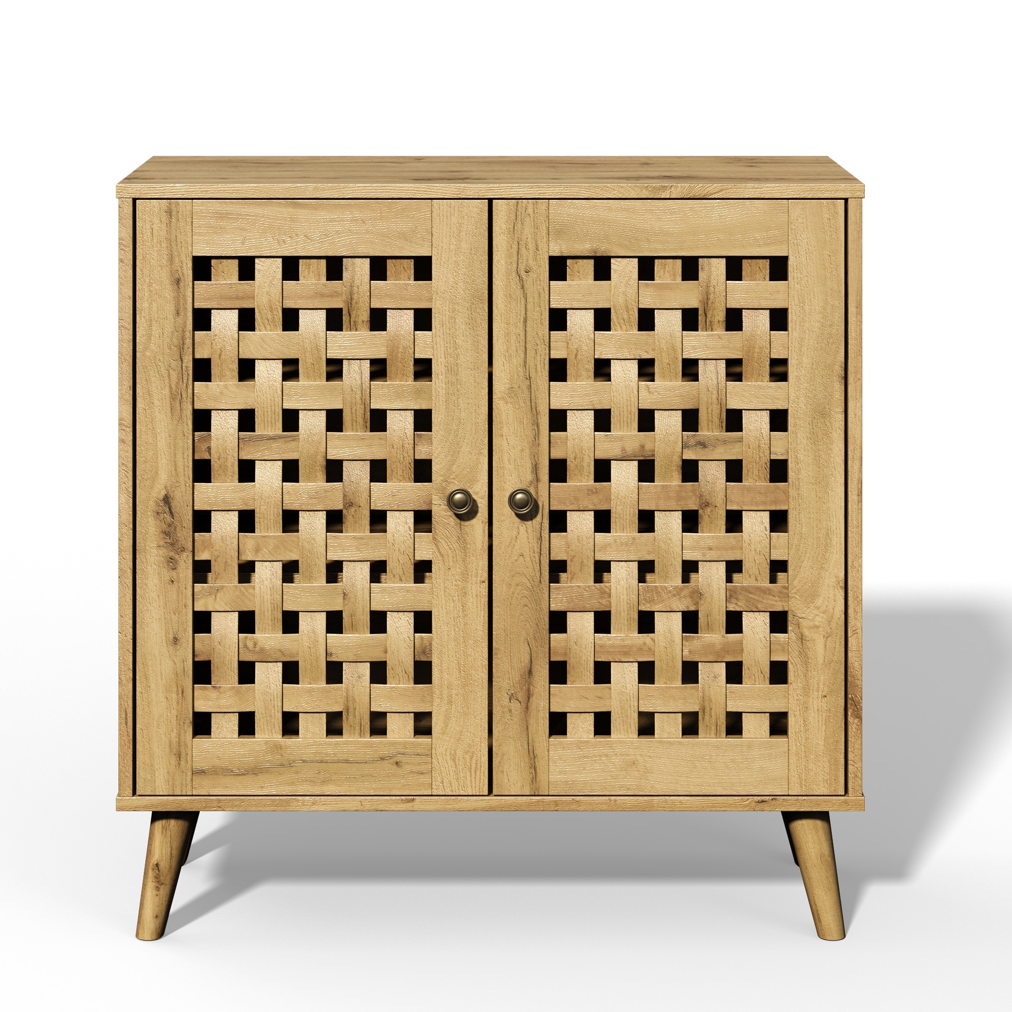 Vintage Storage Cabinet with 2 Basket Weave Wooden Doors - N/A