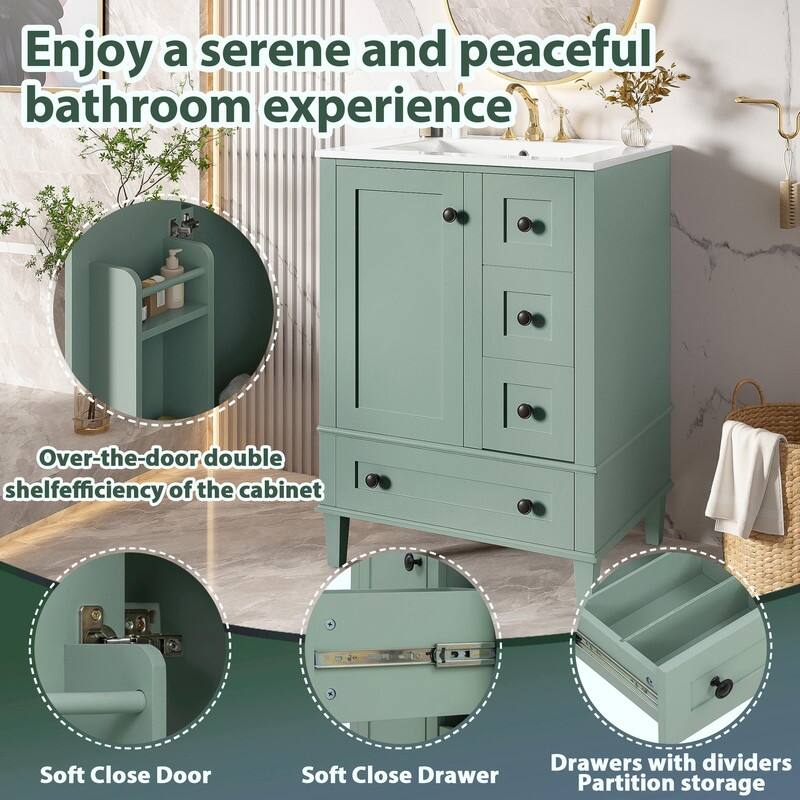 24" Bathroom Vanity with Ceramic Sink, Soft-Close Drawers, Soft-Close Door & Door-Mounted Shelf