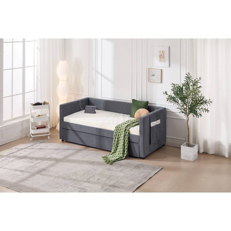 Twin Size Velvet Daybed with Trundle, USB Charging Port & Side Pockets, Modern Upholstered Sofa Bed with V-Pattern Backrest