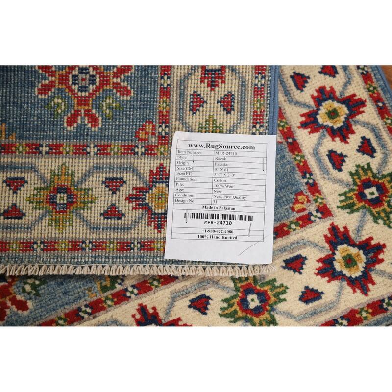 Geometric Blue Kazak Oriental Accent Foyer Rug Handmade Wool Carpet - 2'0"x 3'0"