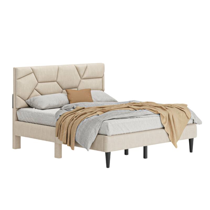 Queen Bed Frame with Linen Headboard - No Box Spring, Easy Assembly