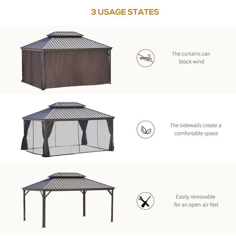 Outsunny 16' x 12' Hardtop Patio Gazebo Canopy Outdoor Pavilion with Galvanized Steel Frame, Netting Sidewalls, Curtains