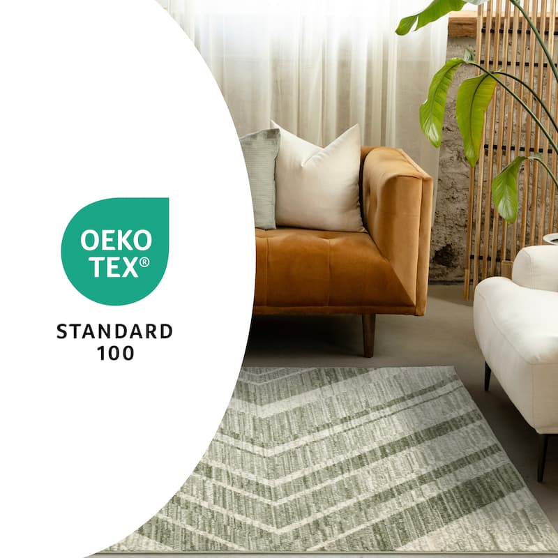 Green Chevron Distressed High Traffic Rug