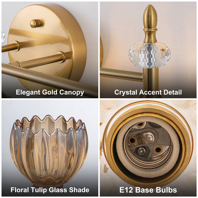 Starsky 3-Light Tulip-Inspired Floral Wall Sconce with Green or Amber Glass Shades, for Bathroom, Bedroom, Hallway