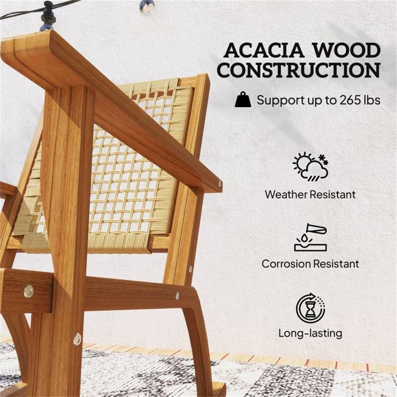 Khaki Acacia Wood PE Wicker Rocking Chairs Set of 2 with Foot Pads - 24" W x 33.5" D x 35.4" H