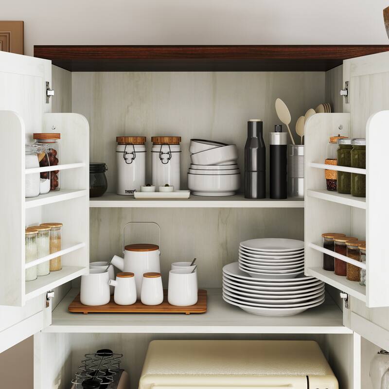 GDFStudio - Elsie 71" Farmhouse Kitchen Pantry Sideboard with Hutch, Drawer, Glass Holder & Charging Station