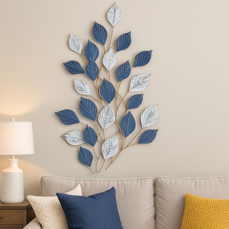Aria Home Vertical 3D Leaf Metal Wall Art Green White Textured Decor