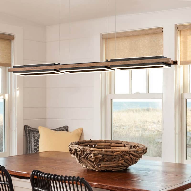 3/5-Light Integrated LED Linear Wood Chandelier Kitchen Island Pendant Light - 47.2"