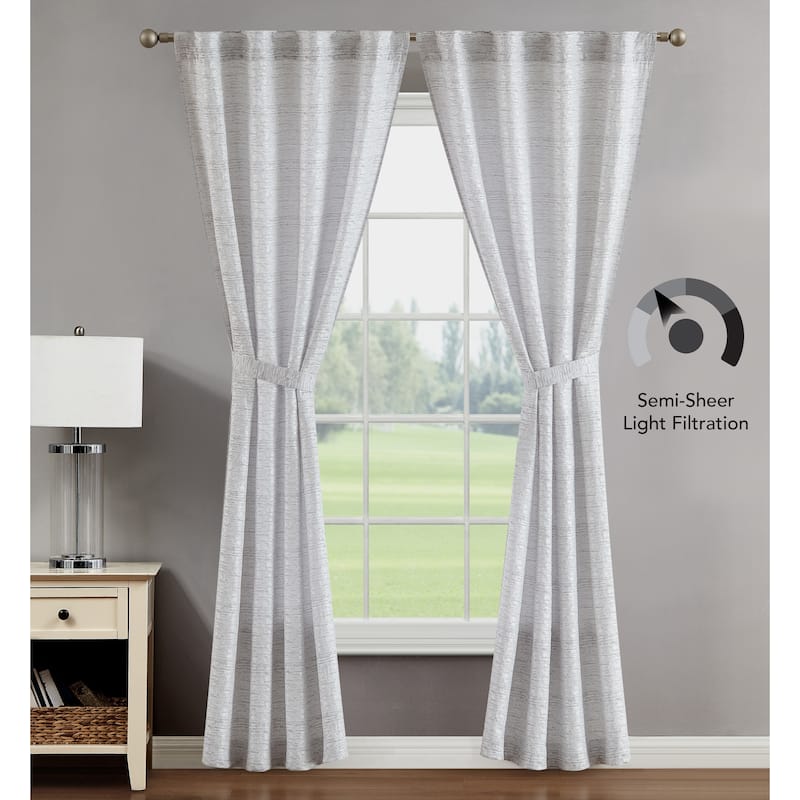 Creative Home Ideas Melinda Lurex Jacquard Back Tab Window Curtain Panel Pair with Tiebacks