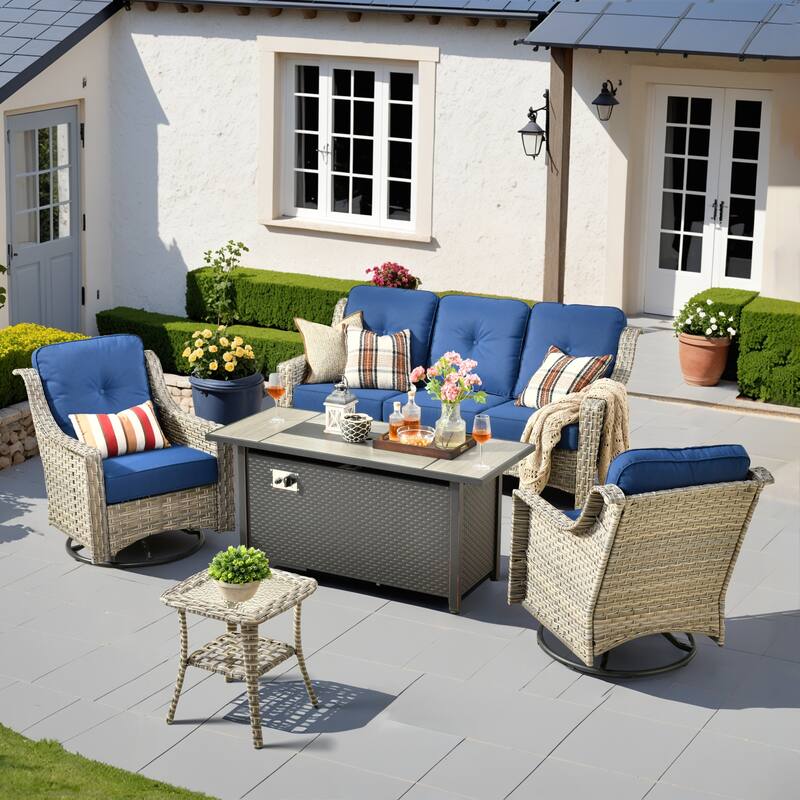 HOOOWOOO 5-piece Rattan Outdoor Patio High Back Swivel Chair Set with 54"Fire Pit - Navy Blue