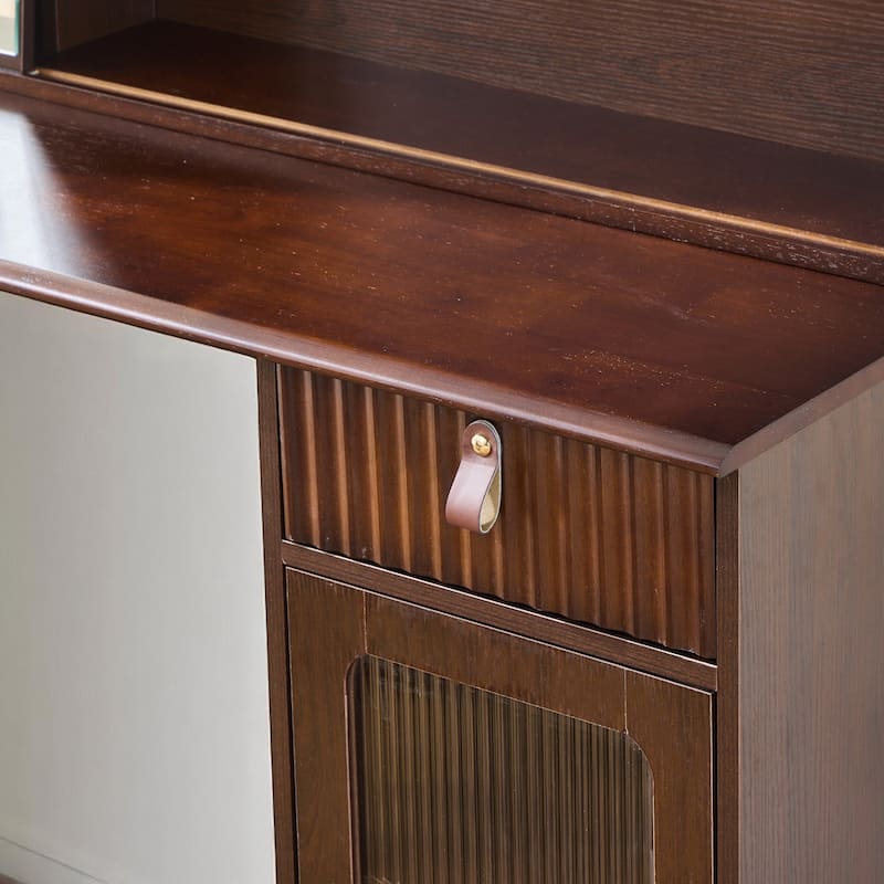 Makeup Vanity Desk with 3-Color LED Mirror, Storage Shelves & Drawer, Fluted Design Dressing Table in Walnut Finish