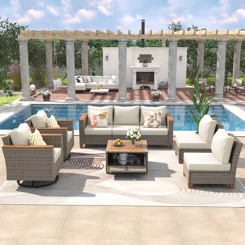 8-Piece Wicker Outdoor Patio Furniture Set with Thick Cushion, Rattan Patio Swivel Rocking Chairs Set