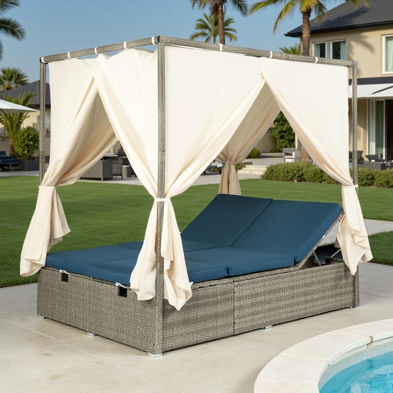 Outdoor Patio Rattan Canopy Daybed Sunbed with Curtain and Adjustable Seat - Dark Blue