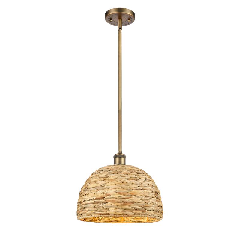 Innovations Lighting Woven Rattan - 1 Light 12" Stem Hung Pendant - Brushed Brass/Natural Rattan