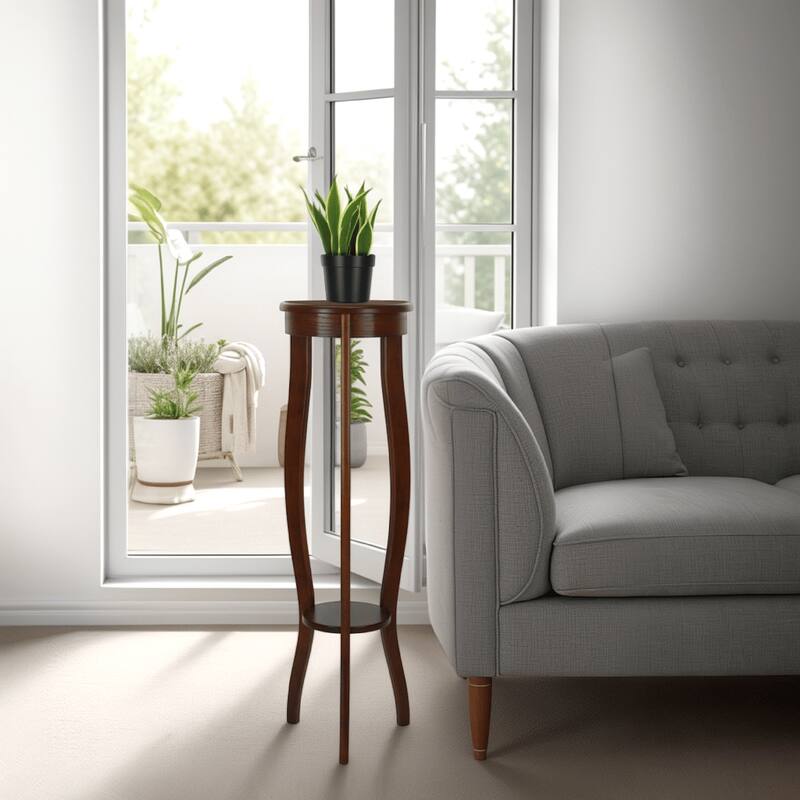 Round Pedestal Stand with Open Bottom Shelf and Flared Legs, Brown