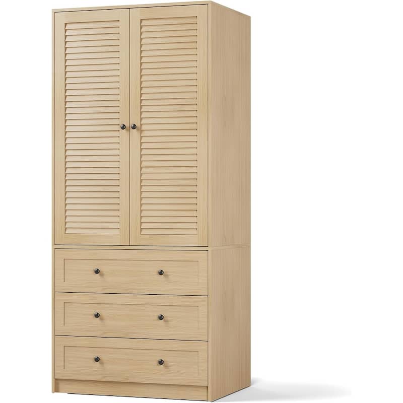 Garvee Louvered Door Armoire Wardrobe Closet with Drawers, 69.5" Wooden Wardrobe Cabinet with Hanging Rod