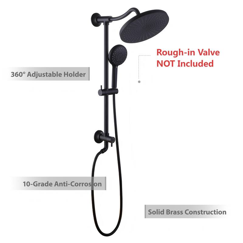 Modland High Pressure 5-Way 10'' Rain Shower Head Black with Handheld Shower Slide Bar