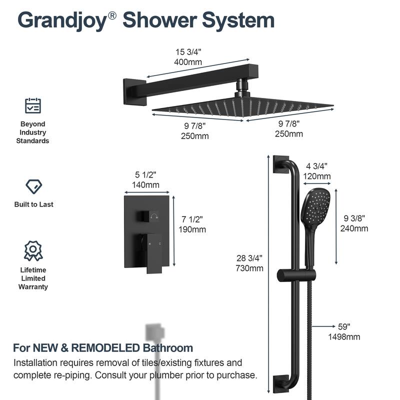 GRANDJOY 2-Spray Concealed Rain Shower System with Handheld, Wall-Mount Modern Design