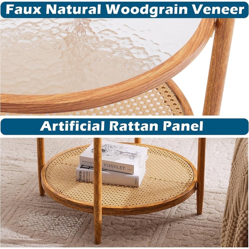 VINGLI Double-Layered Round Water Ripple Glass with Heat Transfer Wood Grain Iron Frame Coffee Table