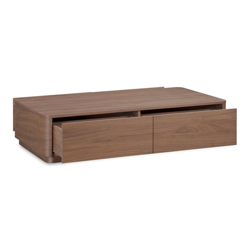 NADAAL STUDIOS Odette Coffee Table, Rectangle Walnut Veneer Top with Rubber Wood Base, Scandinavian Design, 4 Drawers, Brown